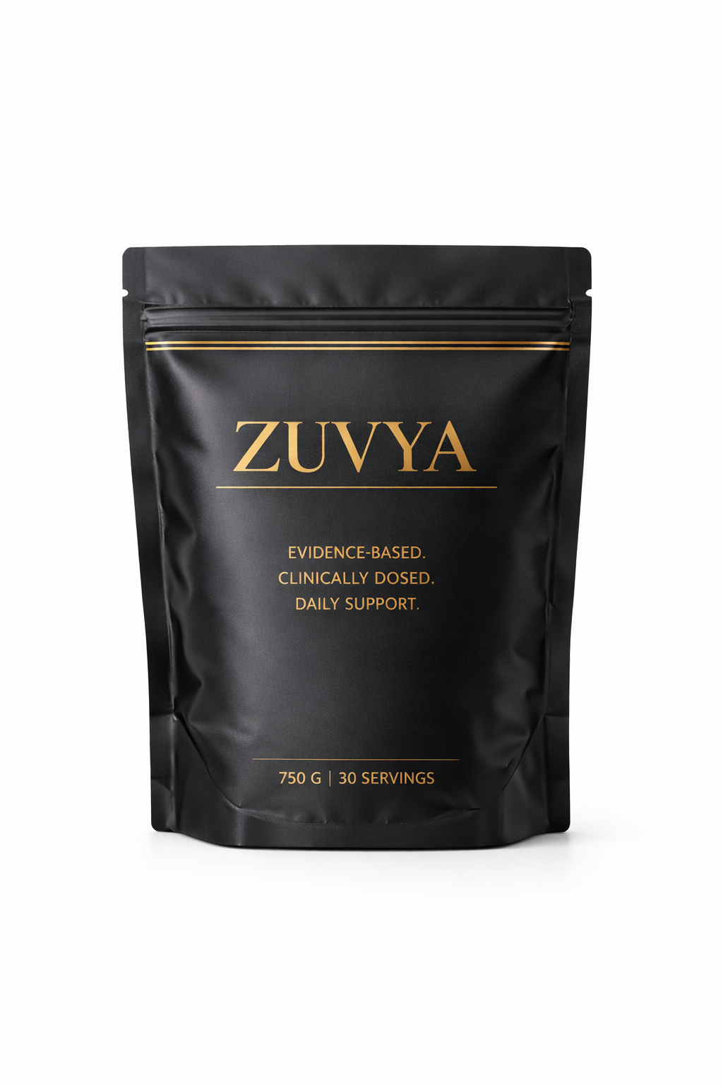 Black ZUVYA package with gold text on a white background