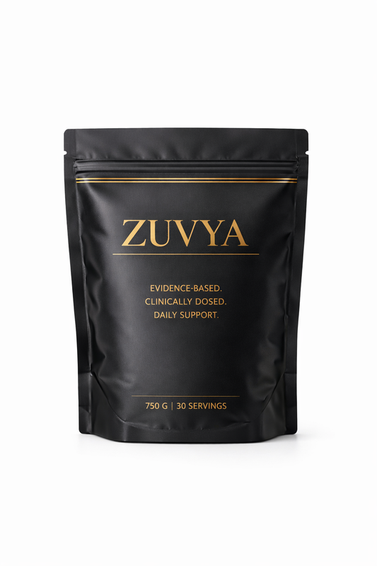 Black ZUVYA package with gold text on a white background
